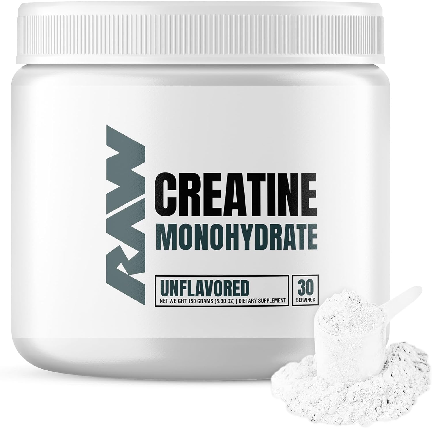 RAW Nutrition Creatine Monohydrate Powder, Unflavored (30 Servings) - Micronized Creatine Monohydrate Supplement for Workout Performance, Build Muscle & Strength - Creatine Powder for Men & Women