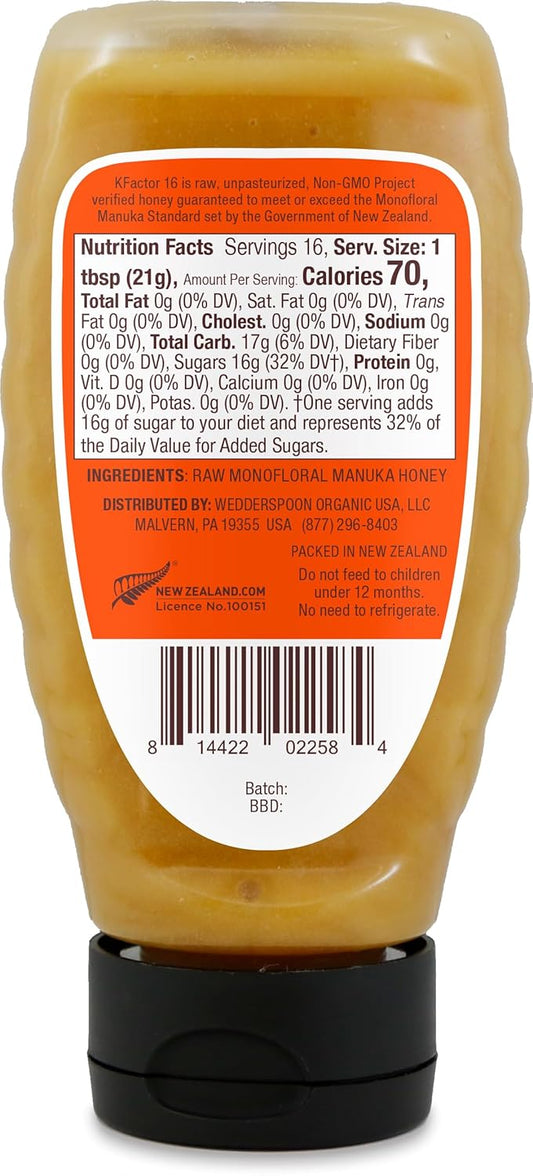 Wedderspoon Raw Premium Manuka Honey, Kfactor 16, 12 Oz, Unpasteurized, Genuine New Zealand Honey, Multi-Functional, Non-Gmo Superfood, Traceable From Our Hives To Your Home, Convenient Squeeze Bottle