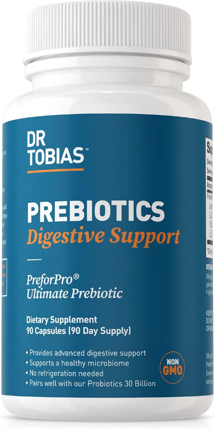 Dr. Tobias Prebiotics Digestive Support, Advanced Prebiotic Supplement For Gut Health, Immune Function & Boost For Probiotics For Women & Men, Vegan, Non-Gmo, 90 Capsules, 90 Servings