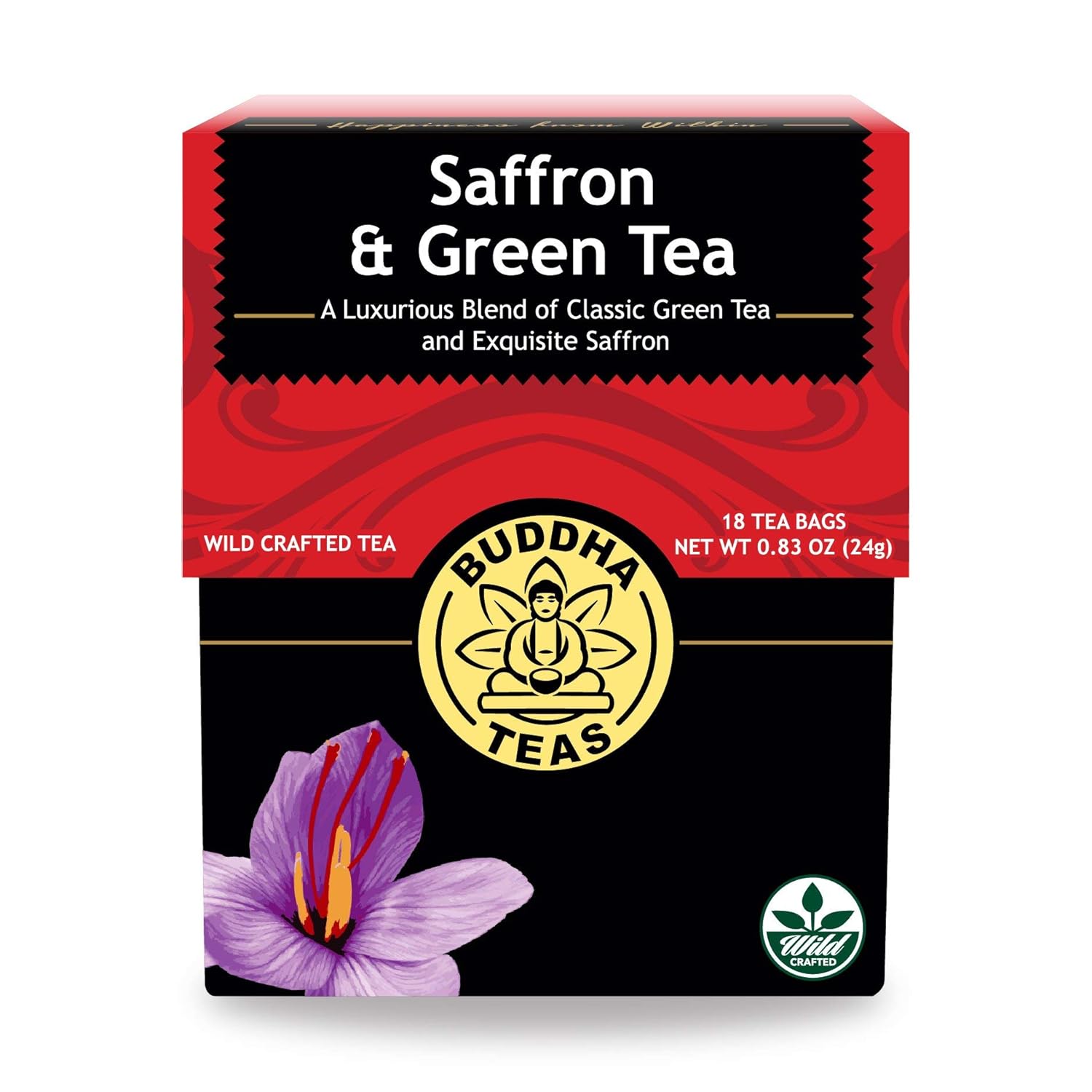 Buddha Teas - Saffron & Green Tea - For Health & Wellbeing - Wild Crafted Tea - With Antioxidants & Minerals - Clean Ingredients - Caffeinated - Ou Kosher - 18 Tea Bags (Pack Of 1)
