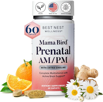Best Nest Wellness Mama Bird Am/Pm Prenatal Vitamins, Methylated Prenatal With Choline And Methylfolate (Folic Acid), Organic Herbal Blend, Twice Daily, 60 Ct