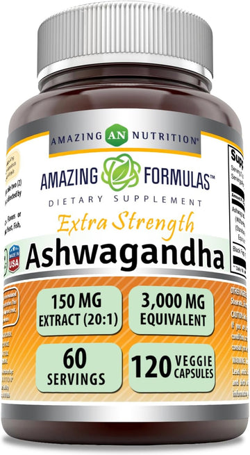 Amazing Formulas Ashwagandha Extract Supplement | 150 Mg Extract (20:1) | Equivalent To 3,000 Mg | Veggie Capsules | Non-Gmo | Gluten-Free | Made In Usa (120, Count)