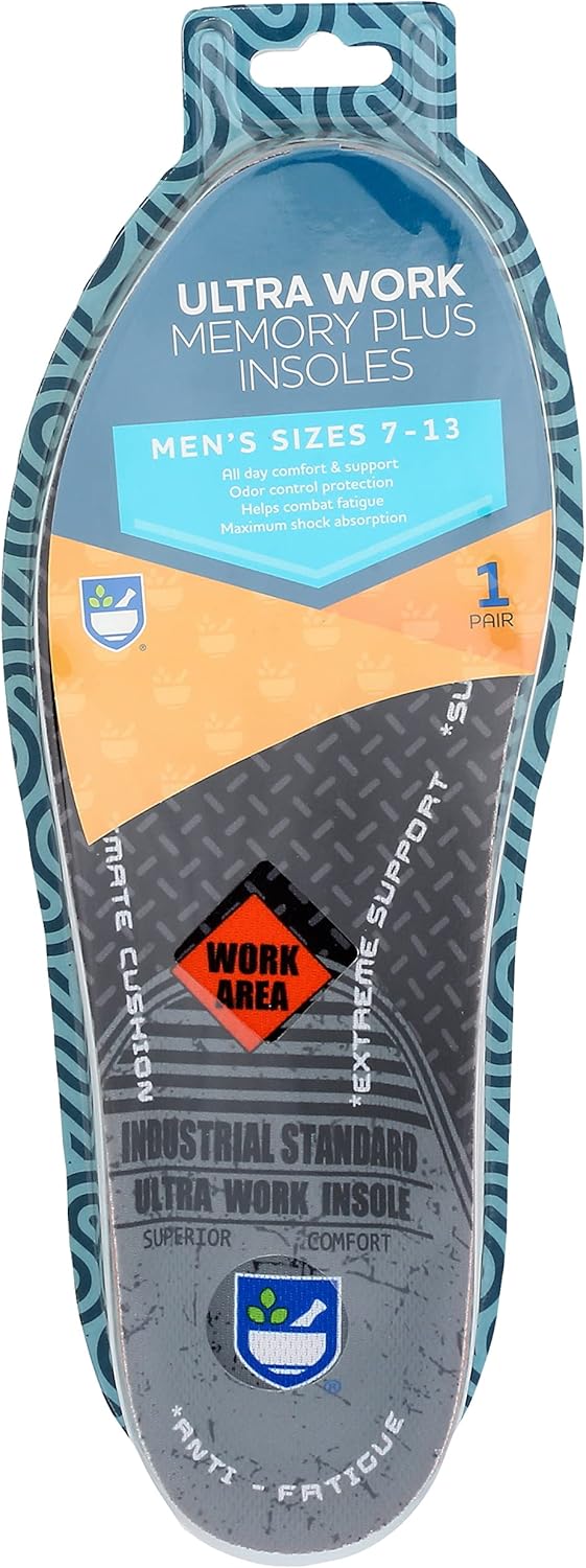 Rite Aid Ultra Work Memory Plus Insoles For Men - Sizes 7-13 | Memory Foam| Shock Absorbing Arch Support Boot Insole