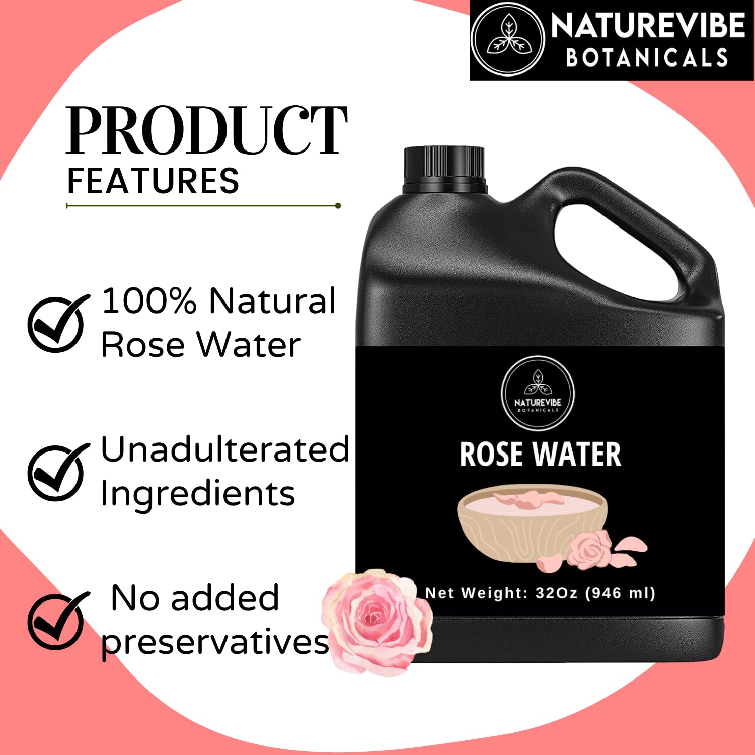 Naturevibe Botanicals Premium Rose Water (32oz) | 100% Pure and Natural | Liquid Toner | Hydrating Mist for Face and Hair | Soothes and Calms all Skin Types : Health & Household