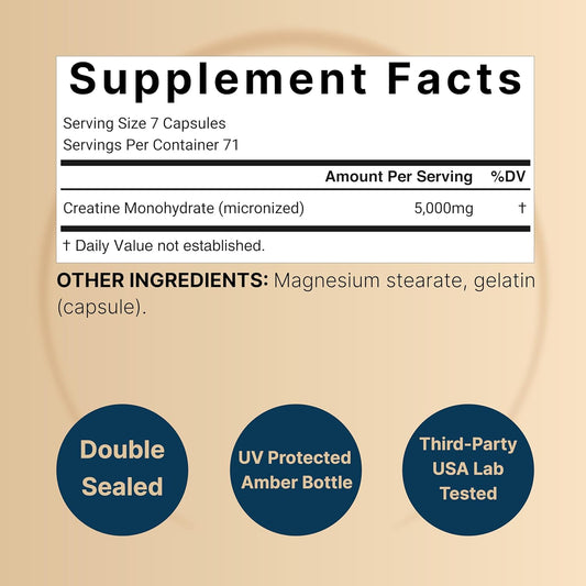 Creatine Monohydrate 5,000Mg Per Serving, 500 Capsules | Micronized – Unflavored Creatine Pills – Support Pre Workout & Healthy Muscle – Easily Absorbed, Easy To Swallow (71 Servings)