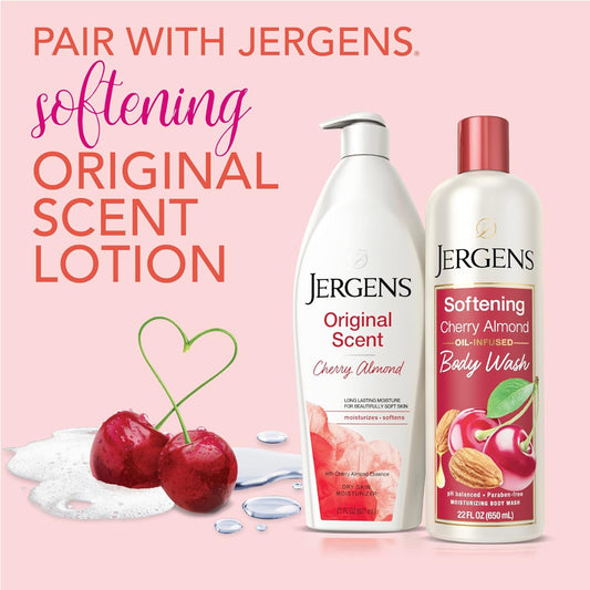 Jergens Softening Body Wash, Daily Moisturizing Skin Cleanser, Paraben Free, 22 Ounces, Infused with Cherry Almond, pH Balanced, Dye Free, Dermatologist Tested (Packaging May Vary)