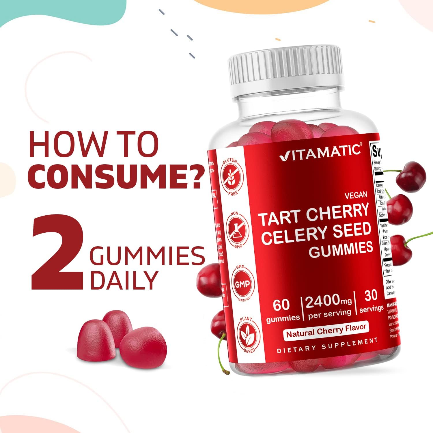 Vitamatic 2 Pack Tart Cherry with Celery Seed Gummies - 2400 mg Serving - Powerful Uric Acid Cleanse for Joint Comfort, Healthy Sleep Cycles & Muscle Recovery : Health & Household