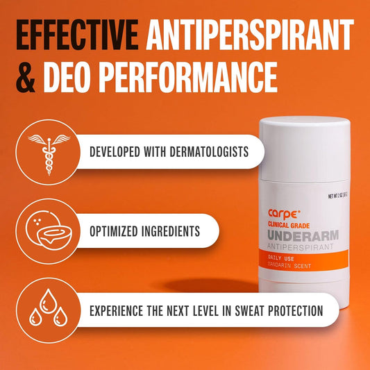 Carpe Clinical Strength Deodorant + Antiperspirant - Clinical Grade Solid Stick - Combat Excessive Underarm Sweating + Hyperhidrosis (Mandarin Scent)
