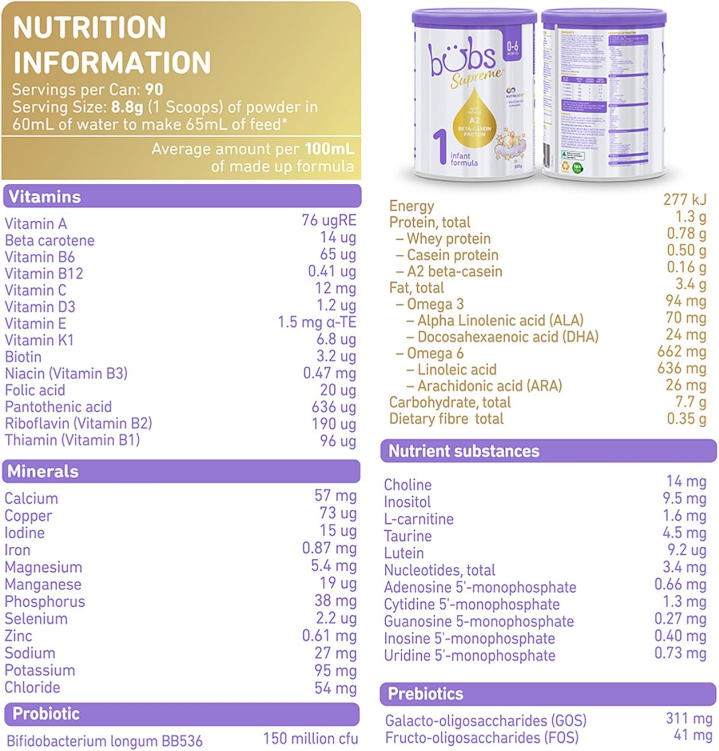 Bubs Supreme Infant Formula, Stage 1, Infants 0-6 months, Made with A2 Beta-Casein Protein Cows Milk, 28.2 oz : Baby