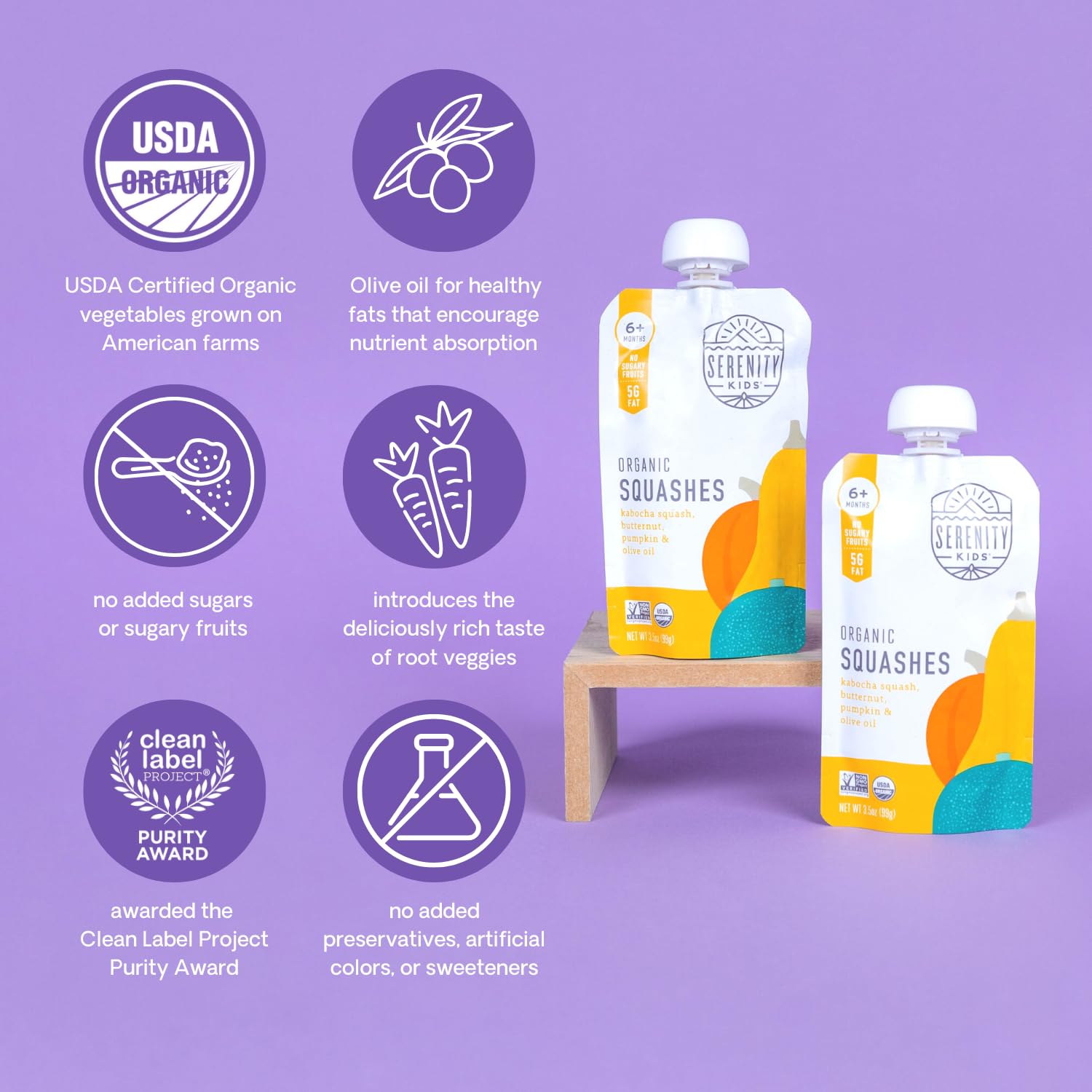 Serenity Kids 6+ Months Veggie Puree Baby Food Pouches - Usda Organic - No Sugary Fruits Or Added Sweeteners - Allergen Free 3.5Oz Bpa-Free Pouch - Squash Variety - 12 Pack