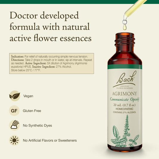 Bach Original Flower Remedies (Agrimony) Stand Your Ground, Communicate Openly, Emotional Wellness, Natural Flower Essence, 20Ml