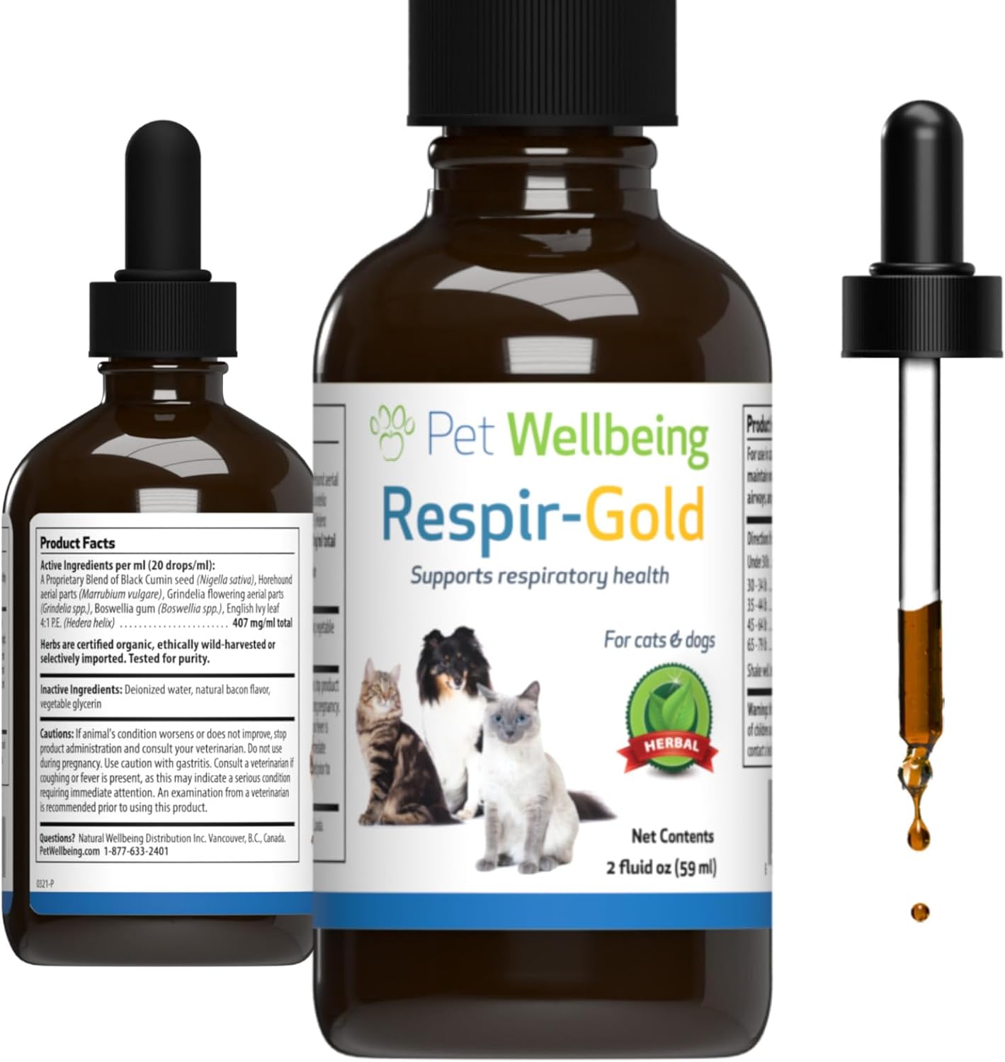Pet Wellbeing Respir-Gold For Cats - Vet-Formulated - Easy Breathing, Open Airways, Respiratory Support - Natural Herbal Supplement 2 Oz (59 Ml)