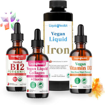 Liquidhealth Vegan Daily Essentials Vitamin Starter Kit With Organic Methyl B12 Drops, Vegan Liquid Collagen + Biotin, Vegan Liquid Iron, Vegan Vitamin D3 Drops - 100% Plant-Based Vitamin Supplements