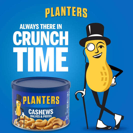 Planters Salted Cashew Halves & Pieces, Party Snacks, Plant-Based Protein 8Oz (1 Canister)