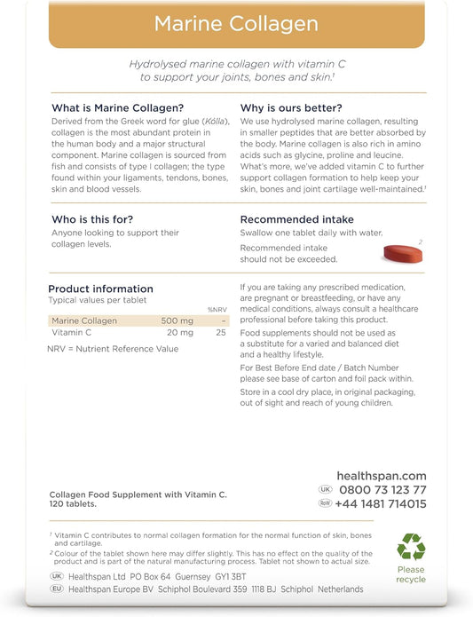 Healthspan Marine Collagen 500Mg (120 Tablets) | Hydrolysed Type I Marine Collagen | Support Your Skin, Bones & Joints | Added Benefits For Skin & Beauty | With Vitamin C