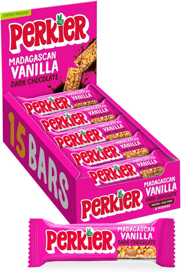 Perkier Madagascan Vanilla Dark Chocolate Bars (15 Bars), Vegan, Gluten Free, Protein, High Fibre, Lower Sugar Snack, Natural Ingredients, Lower Calorie, Healthy, No Palm Oil, Nut Bar, Carbon Neutral