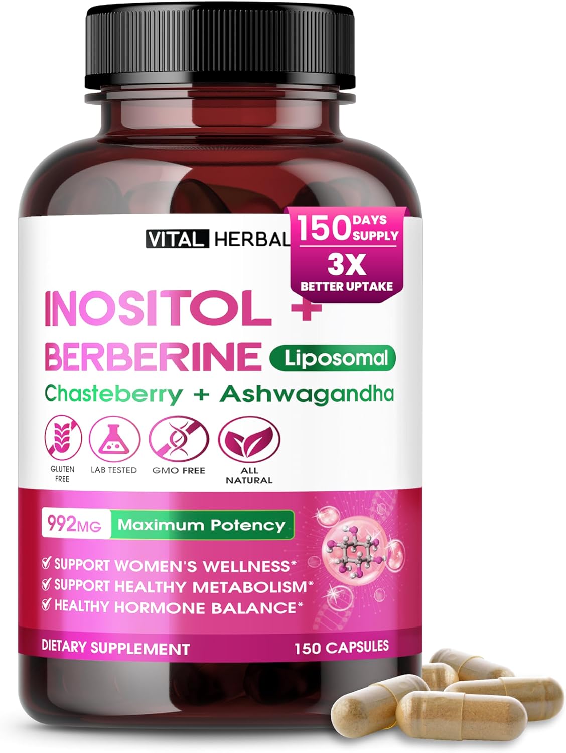 Vital Herbal Liposomal Inositol With Berberine, Chasteberry & Ashwagandha – Supports Women’S Wellness, Hormone Balance & Metabolism – 150 Capsules – Made In The Usa