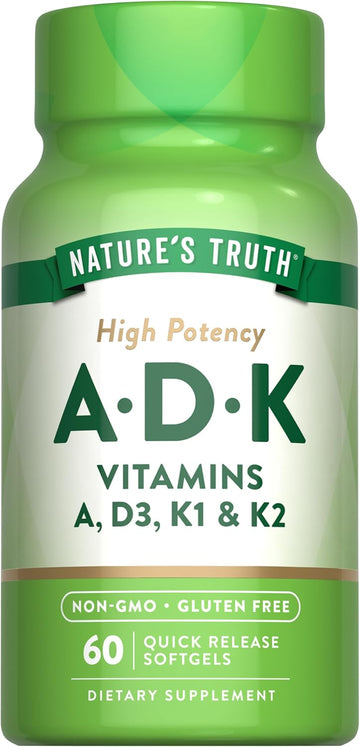 Nature'S Truth Vitamin Adk Supplement | 60 Softgels | High Potency Of Vitamin A, D3, K1 & K2 | Non-Gmo & Gluten Free Supplement