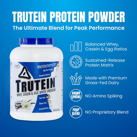 Body Nutrition Trutein High Protein Powder: 45% Whey, 45% Casein, 10% Egg White Protein Shake Mix, Gluten-Free, Low Sodium, Low Carb Protein Supplement Powder For Men & Women, Vanilla Bean, 4Lb