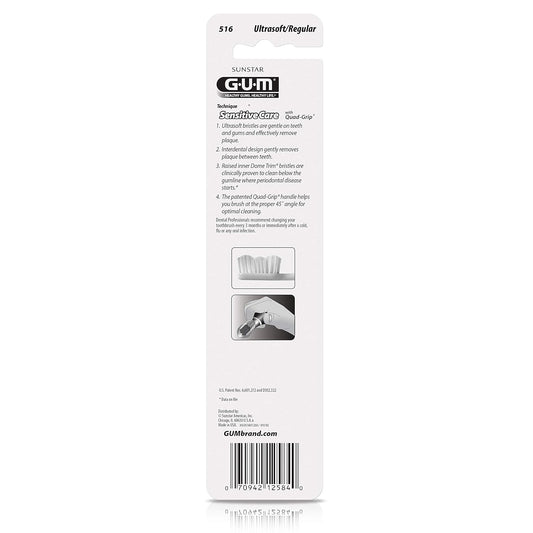 Gum Technique Sensitive Care Toothbrush With Quad-Grip Handle, Full Head & Ultra Soft Dome Trim Bristles For Plaque Removal That’S Gentle On Gums, 2Ct