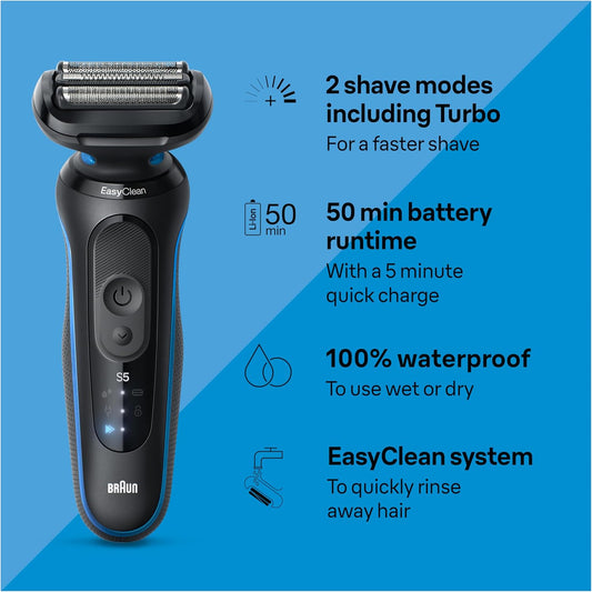 Braun Electric Shaver For Men, Series 5 5150Cs, Wet & Dry Shave, Turbo Shaving Mode, Foil Shaver, With Beard Trimmer, Body Groomer And Charging Stand, Blue