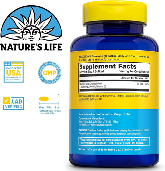 Nature's Life Strengthening Vitamin D3 2000 IU (50 mcg) - Vitamin D - Bone Health and Immune Support Supplement - Easy-to-Swallow Softgels - 60-Day Guarantee, Lab Verified - 240 Servings, 240ct