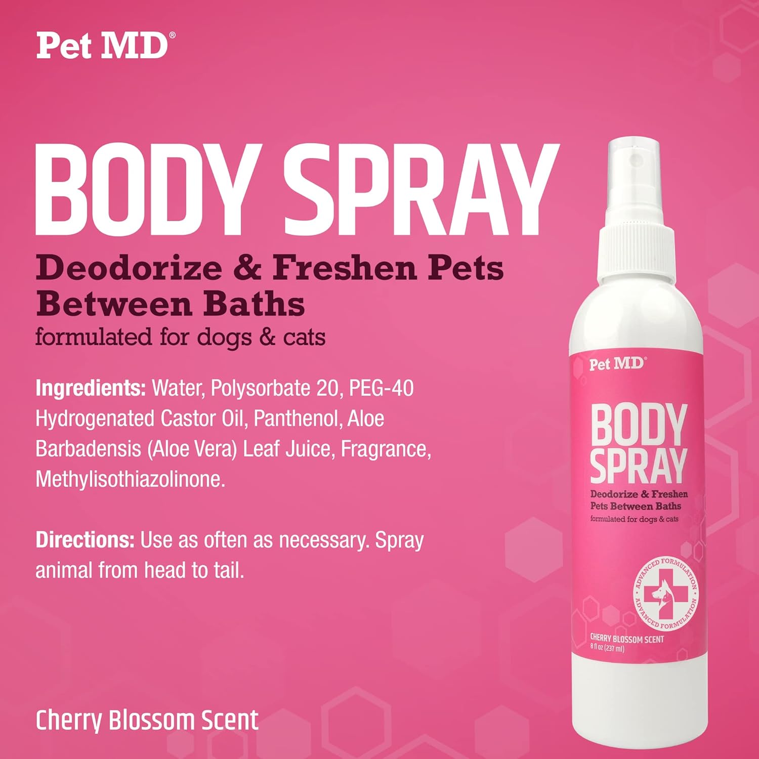 Pet MD Body Spray for Dogs & Cats, Deodorizing Dog Perfume Reduces Static & Eliminates Odor - Long-Lasting Pet Cologne Spray for Dogs - Cherry Blossom : Pet Supplies