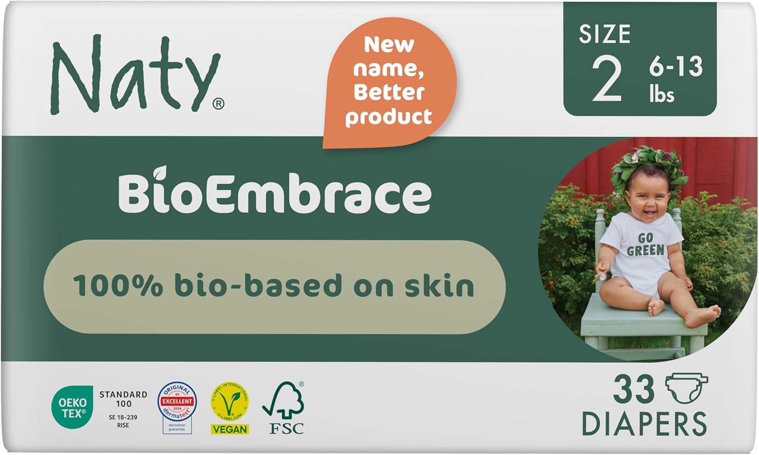 Naty Bioembrace Baby Newborn Diapers Size 2 (6–13 Lbs) | 100% Biobased On Skin | Plant-Based Softness | Dermatologically Tested, Super Absorbent | 33 Count
