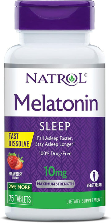 Natrol Melatonin Fast Dissolve Sleep Aid Tablets, Fall Asleep Faster, Stay Asleep Longer, Easy to take, Dissolves in Mouth, Drug Free, 10mg, 75 Strawberry avored Tablets (Pack of 12)