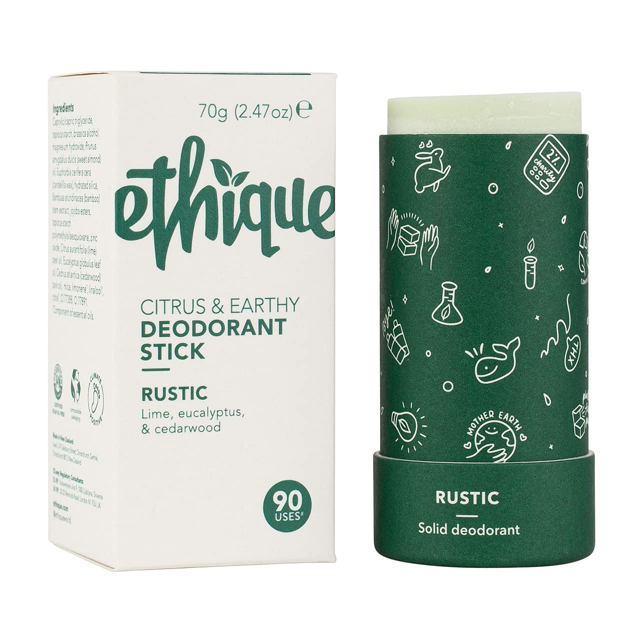 Ethique Natural Deodorant For Women & Men - Rustic Citrus & Earthy - Aluminum- Free - Vegan, Eco-Friendly, Plastic-Free, Cruelty-Free, 2.47 Oz (Pack 1)