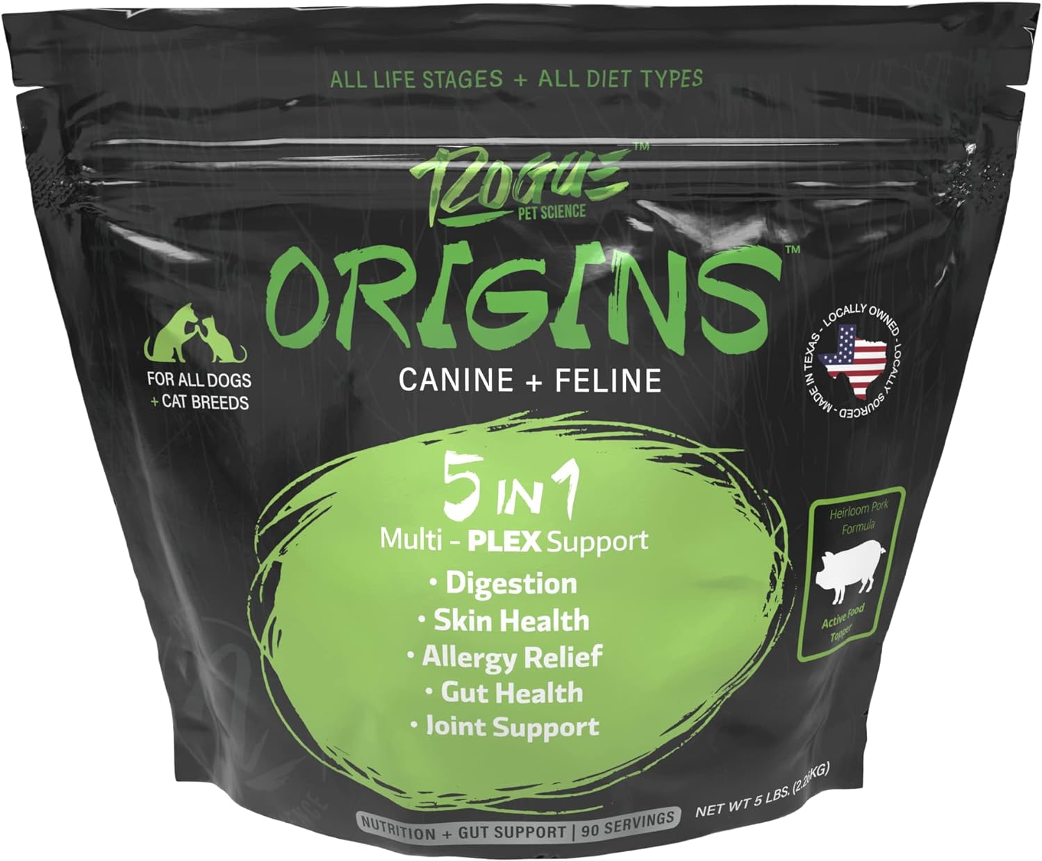 Origins 5-in-1 Dog Supplement - Powdered Food Topper w/Natural Heirloom Pork Protein- Supports Healthy Digestion, Skin, and Coat - Helps Reduce Itching & Joint Inflammation (5 lbs)