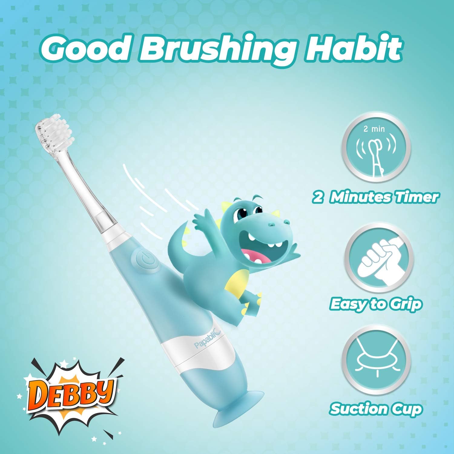 Papablic Toddler Sonic Electric Toothbrush for Ages 1-3 Years, Baby Electric Toothbrush with Cute Dino Cover and Smart LED Timer, 2 Brush Heads (Debby) : Health & Household