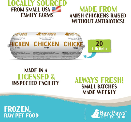 Raw Paws Signature Blend Pet Food For Dog & Cats - Chicken Recipe, 1-Lb Rolls (20 Pack) - Fresh Dog Food Made In Usa, Natural Raw Diet Dog Food, Raw Frozen Dog Food & Cat Food - Meat Roll Dog Food Log