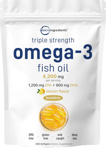 Triple Strength Omega 3 Fish Oil Supplements 4200Mg Per Serving, 240 Softgels – Lemon Flavored – Burpless | Epa 1200Mg + Dha 900Mg | Deep Sea Fish