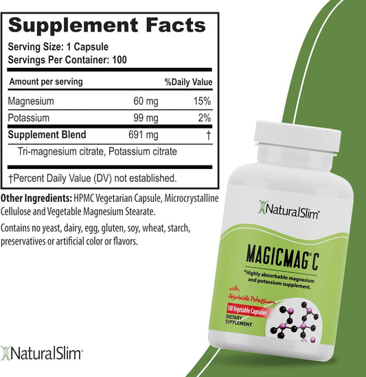NaturalSlim MagicMag C Magnesium Citrate Capsules ? Magnesium Supplement with Natural Potassium | Sleep Support, Heart Health, and Muscle Cramp Relief | Gluten-Free, 100 Capsules (1 Pack)