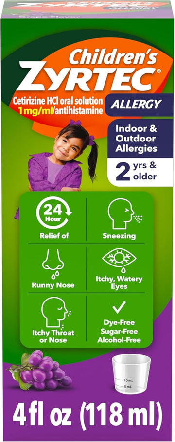 Zyrtec Children'S 24 Hour Allergy Relief Syrup, 5 Mg Cetirizine Hydrochloride Antihistamine, Kids Allergy Medicine For Indoor & Outdoor Allergy Relief, Dye- & Sugar-Free, Grape, 4 Fl. Oz