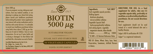 Solgar Biotin 5000 mcg Vegetable Capsules - High Strength Formula - Supports Hair Growth, Glowing Skin, Energy & Vitality - Health Supplement - Sugar Free - Suitable for Vegans - Pack of 50