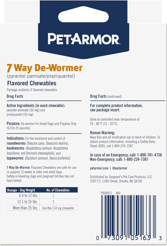 Petarmor 7 Way De-Wormer For Dogs, Oral Treatment For Tapeworm, Roundworm & Hookworm In Small Dogs & Puppies (6-25 Lbs), Worm Remover (Praziquantel & Pyrantel Pamoate), 2 Flavored Chewables