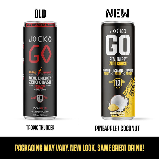 Jocko Go Energy Drink - Keto, Vitamin B12, Vitamin B6, Electrolytes, L Theanine, Magnesium- All Natural Energy Boost, Sugar Free Nootropic Monk Fruit Blend - 12 Pack (Pineapple Coconut Flavor)