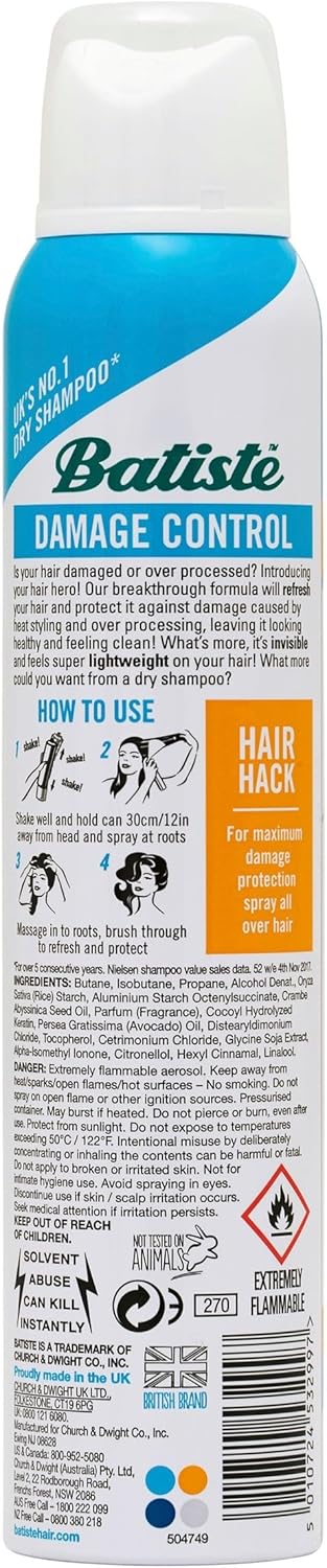 Batiste Dry Shampoo Damage Control 200Ml, Hair Benefits For Weak Or Damaged Hair, With Keratin, No Rinse Spray To Refresh Hair In Between Washes (Pack Of 2)