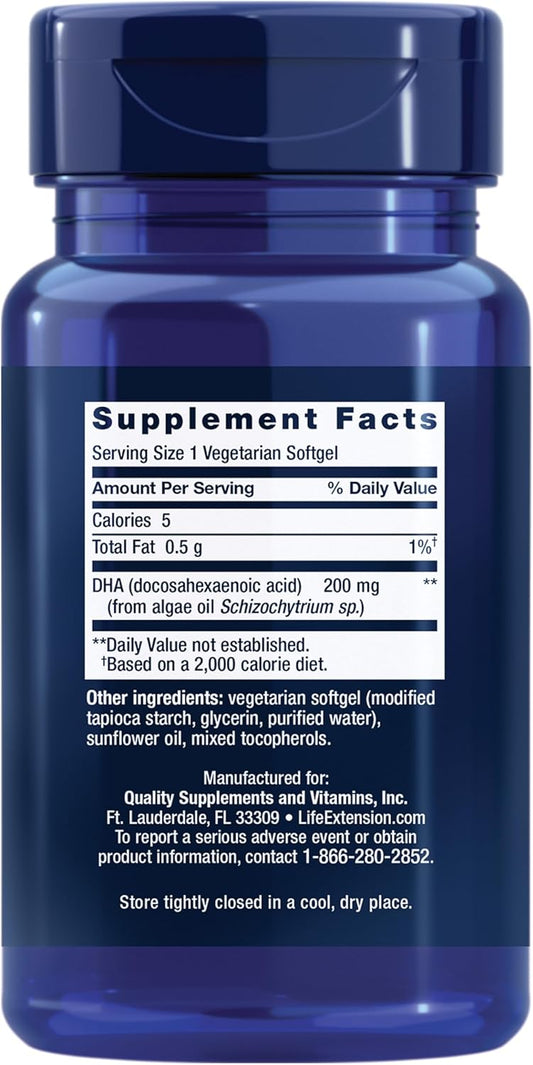 Life Extension Vegetarian Dha - Algae Plant Based Omega3 Fatty Acid Dha Supplements For Eye, Brain & Heart Health Support For Adult And Kids - Gluten-Free, Vegetarian, Non-Gmo - 30 Softgels