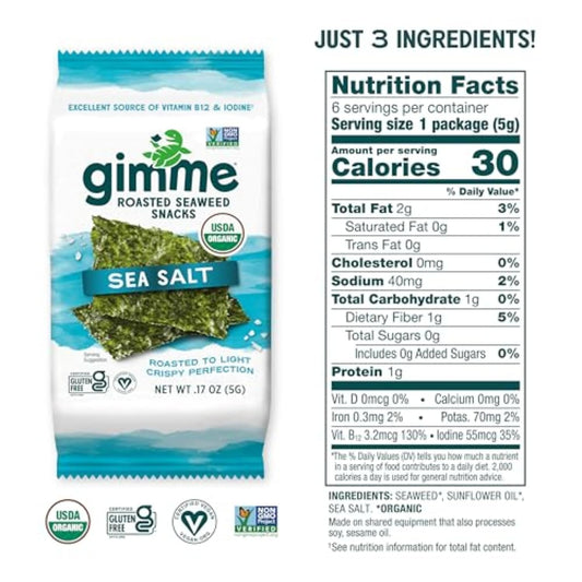 Gimme Seaweed Organic Premium Roasted Seaweed Snacks, Sea Salt & Avocado Oil, 6 Count, Keto, Vegan, Gluten-Free, Great Source Of Omega3S And Iodine, Healthy On-The-Go Snack For Kids And Adults