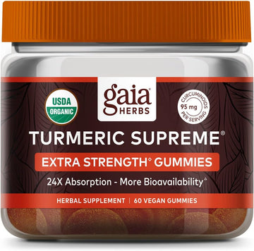 Gaia Herbs Turmeric Supreme Extra Strength Gummies - Supports Swelling Relief To Help Maintain An Active Lifestyle - Turmeric Gummies With Black Pepper - 120 Vegan Organic Gummies