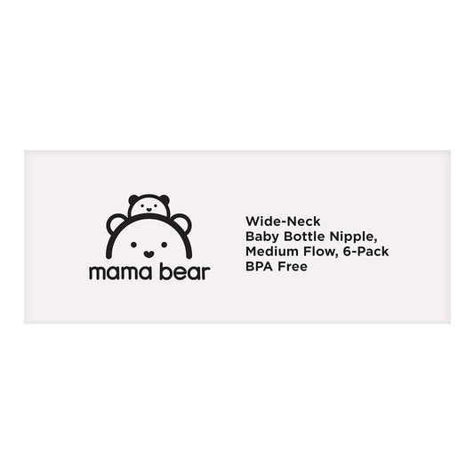 Mama Bear Wide-Neck Baby Bottle Nipple, BPA-Free, Medium Flow (Pack of 6), Compatible with Mama Bear Wide-Neck Baby Bottles only