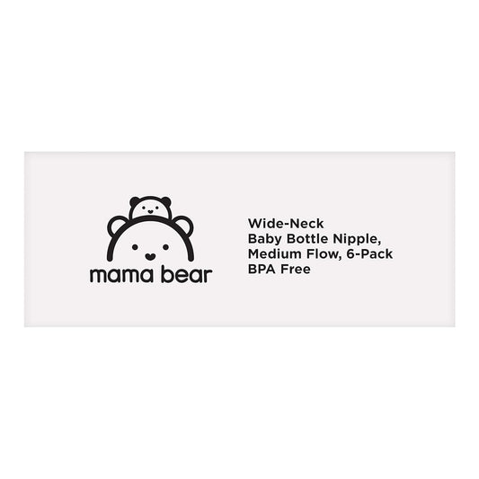 Amazon Brand - Mama Bear Wide-Neck Baby Bottle Nipple, Bpa-Free, Medium Flow (Pack Of 6), Compatible With Mama Bear Wide-Neck Baby Bottles Only