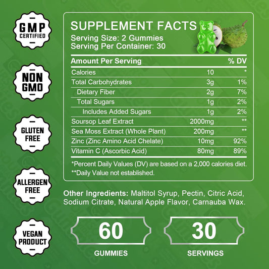 Organic Soursop Graviola Gummies - 2200Mg Extra Strength Soursop Leaves Extract W/Sea Moss Extract 200Mg, Zinc & Vitamin C - Supports Immunity, Liver, Zzz & Antioxidant, Gluten Free, Vegan, 60 Gummies