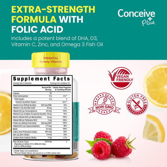 Conceive Plus Prenatal Gummies - Dha, Folic Acid, Vitamin D3, C, Zinc, And Omega 3, Natural Lemon + Raspberry Flavor, 60 Count, 30 Day Supply