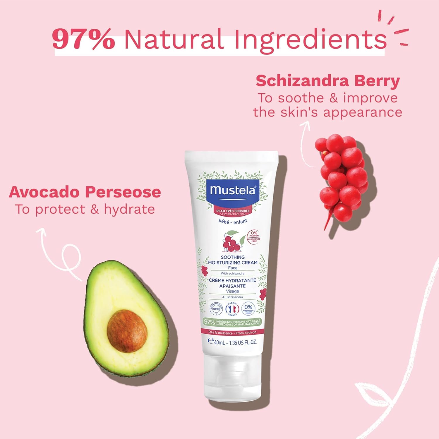 Mustela Baby Soothing Moisturizing Cream - Face Moisturizer For Very Sensitive Skin - With Natural Avocado & Schizandra Berry - Fragrance-Free - 1.35 Fl. Oz