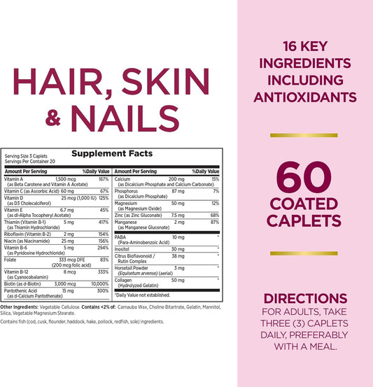Nature'S Bounty Optimal Solutions Hair, Skin & Nails Formula, With 3,000 Mcg Biotin, 60 Coated Caplets