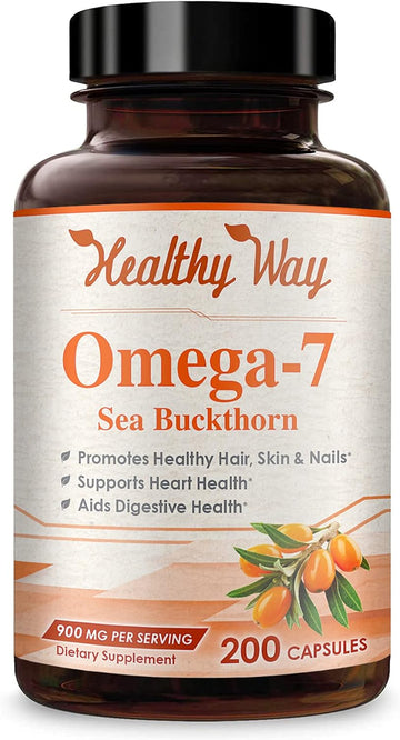 Healthy Way Pure Omega 7 Fatty Acids 200 Capsules 900mg Natural Sea Buckthorn Oil, NON-GMO USA Made